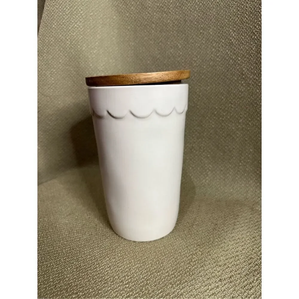 Rae Dunn TEA Cellar Canister Storage Ivory Brown Wood Lid Farmhouse 7” X 4”